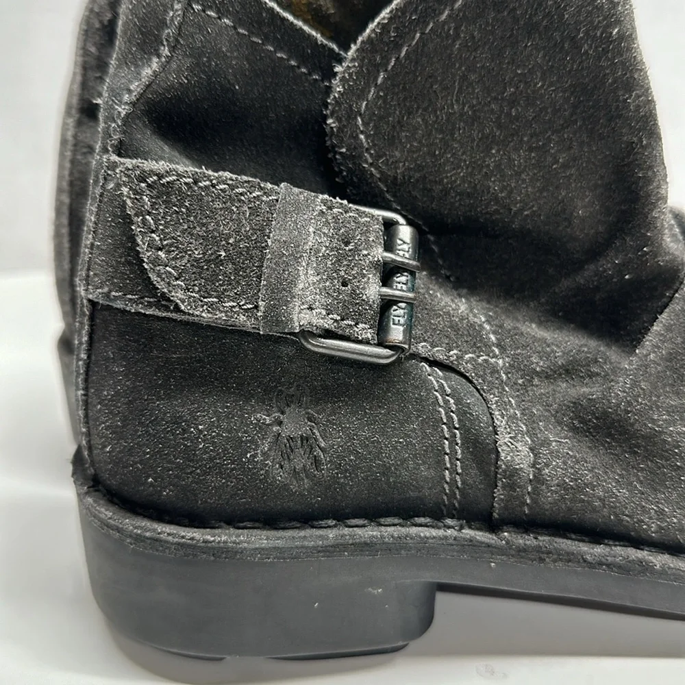 Fly London Ankle Boots Shoes Booties Suede Side Zip Buckle Gray Size 38 US 8